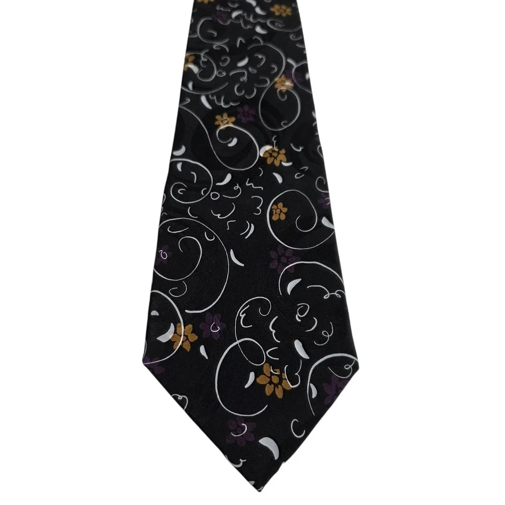 J Garcia Mens Necktie Black Purple Floral Silk 'Airspace' Limited Edition Preppy